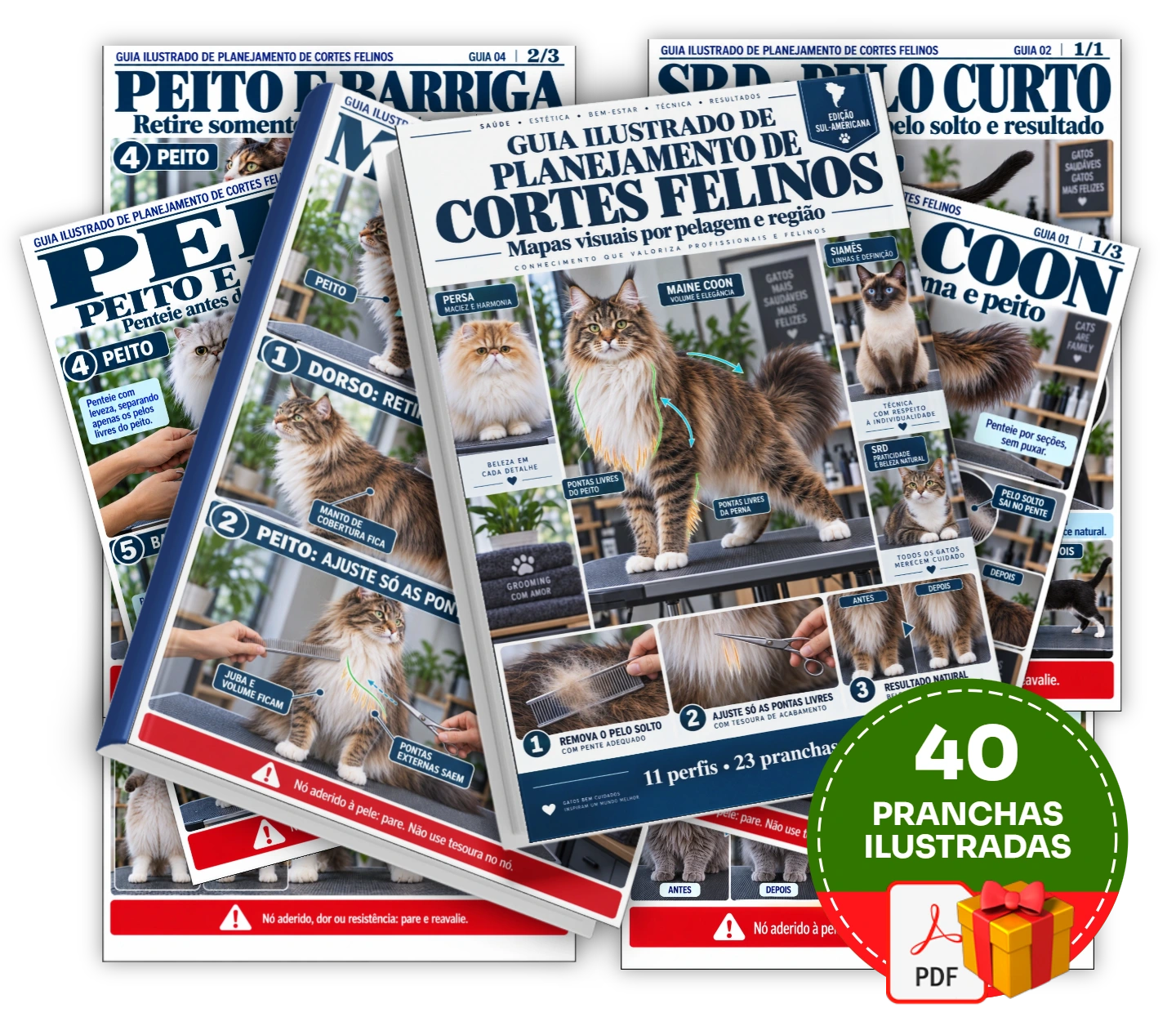 40 Guias ilustradas para planejar o contorno de cortes em gatos de acordo com a pelagem observada.